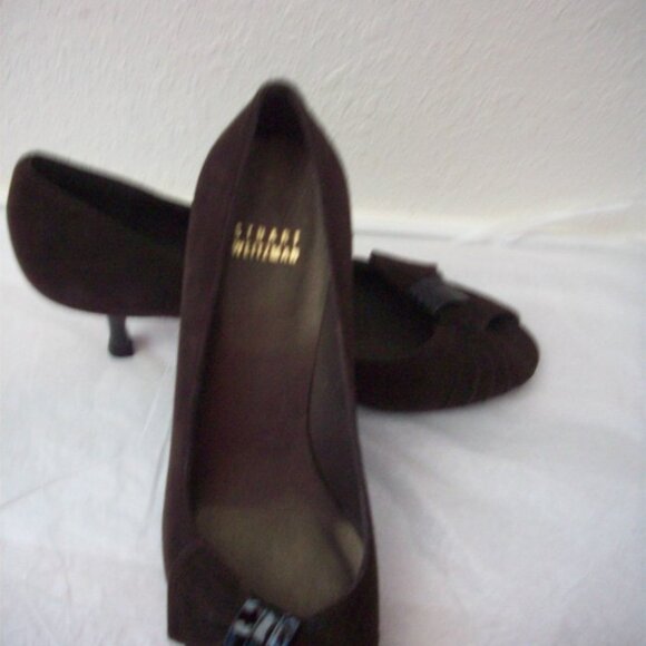 Stuart Weitzman Suede D. Brown Open Toe Shoe 8 - Picture 3 of 6